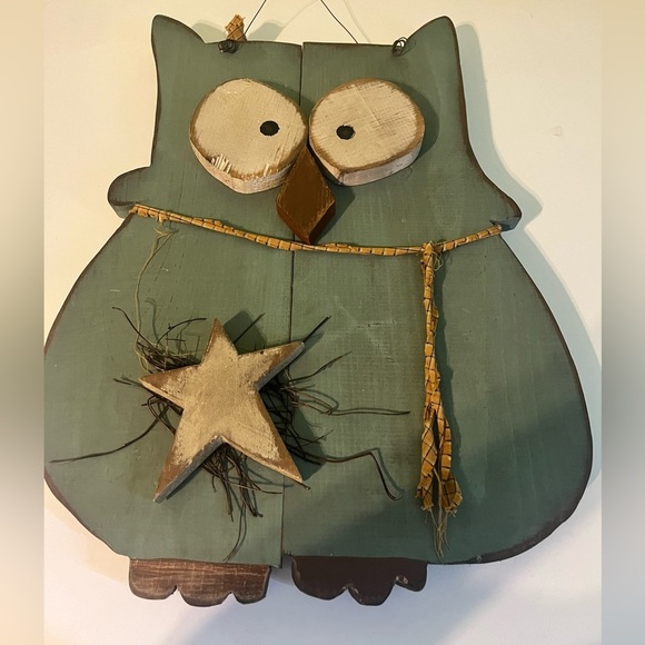 Hand Crafted Other - Primitive Owl Wooden Wall Hanger Nursery Blue Large